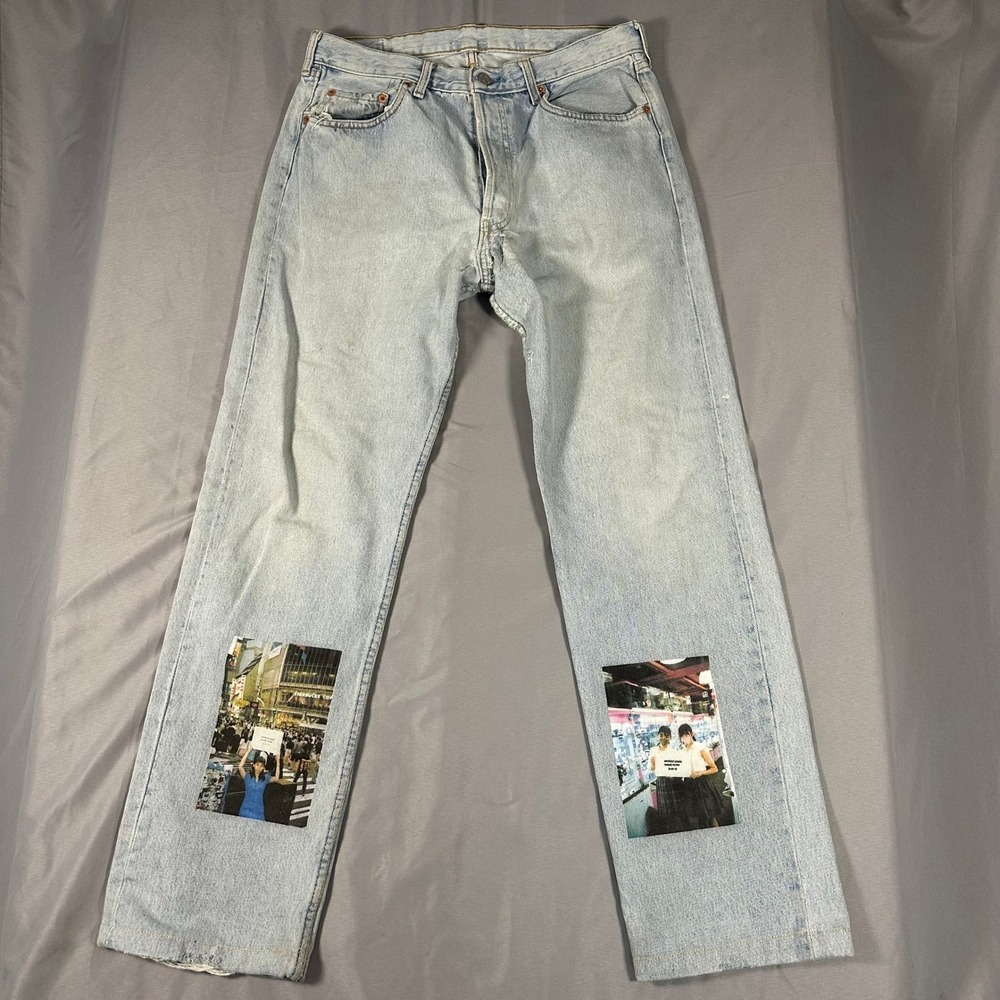 Levis 501 Custom Graphic Patch Light Wash Straight Leg Jeans Mens 32x28.5 Button